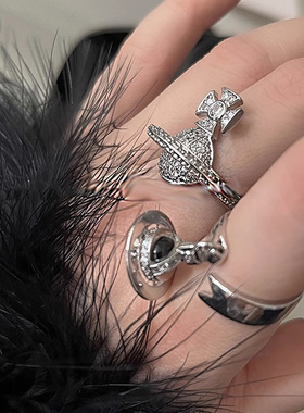 西太后朋克风镶钻甜酷开口戒指女土星立体冷淡风小众个性潮流指环