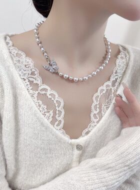 百搭奢小众复古气质珍珠项链镶