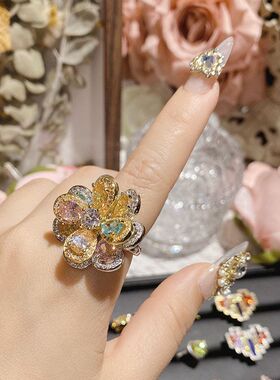 宫廷仿彩宝碧玺闪钻戒指新品彩虹