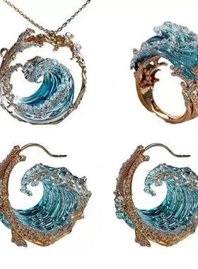 亚马逊热卖款浪花项链套装创意新款轻奢海浪造造型戒指耳环百搭