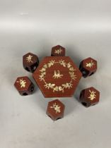 Flower pear wood hexagon inlaid shell Buddha hand-striped miniature furniture set of pendulum piece furnishing Chinese Ming and Qing Classical