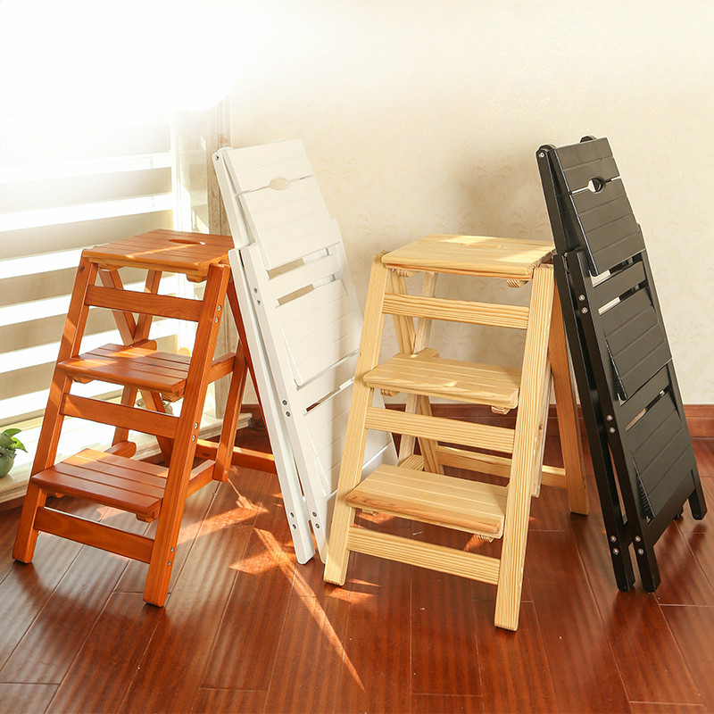 实木梯凳家用折叠梯子省空间多功能加厚梯椅两用室内登高三步台阶 - 图0