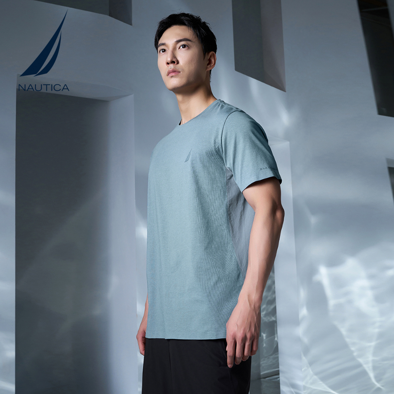 [凉感]NAUTICA/诺帝卡夏季黑帆限量男装拼接式轻薄简约T恤VB3107
