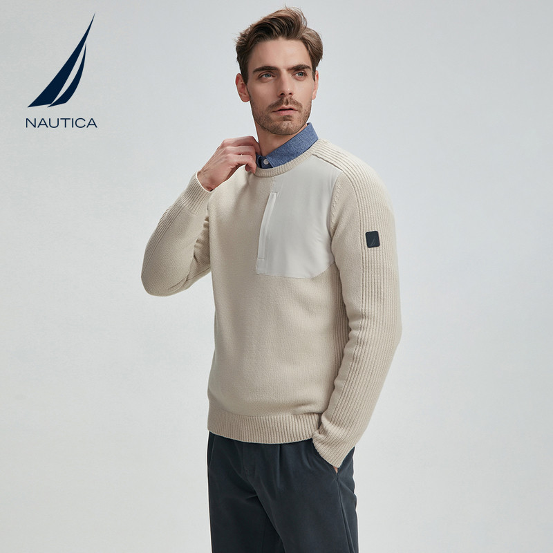 NAUTICA/诺帝卡男装休闲保暖绵羊毛混纺舒适圆领套头毛衣SM1430_虎窝淘