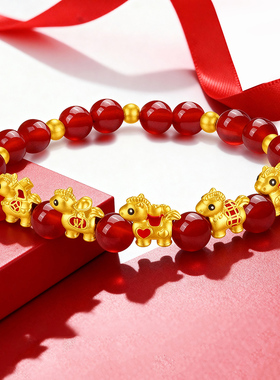 千年珠宝黄金生肖马红玛瑙手串足金999转运珠五福马手链新款正品