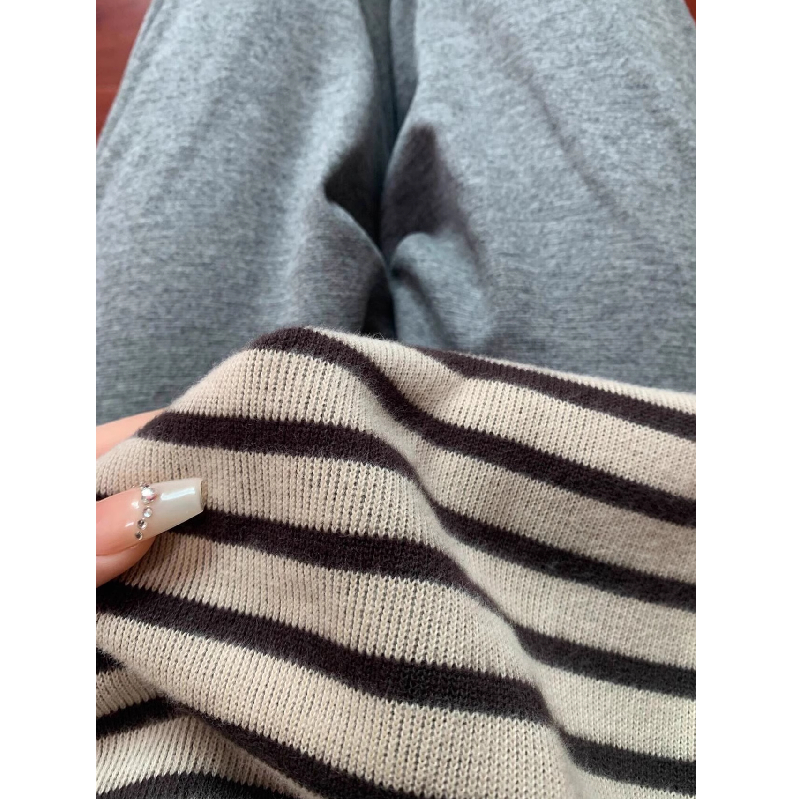 清仓捡漏~复古条纹无帽卫衣女秋冬季加厚宽松慵懒风长袖上衣外套 - 图0