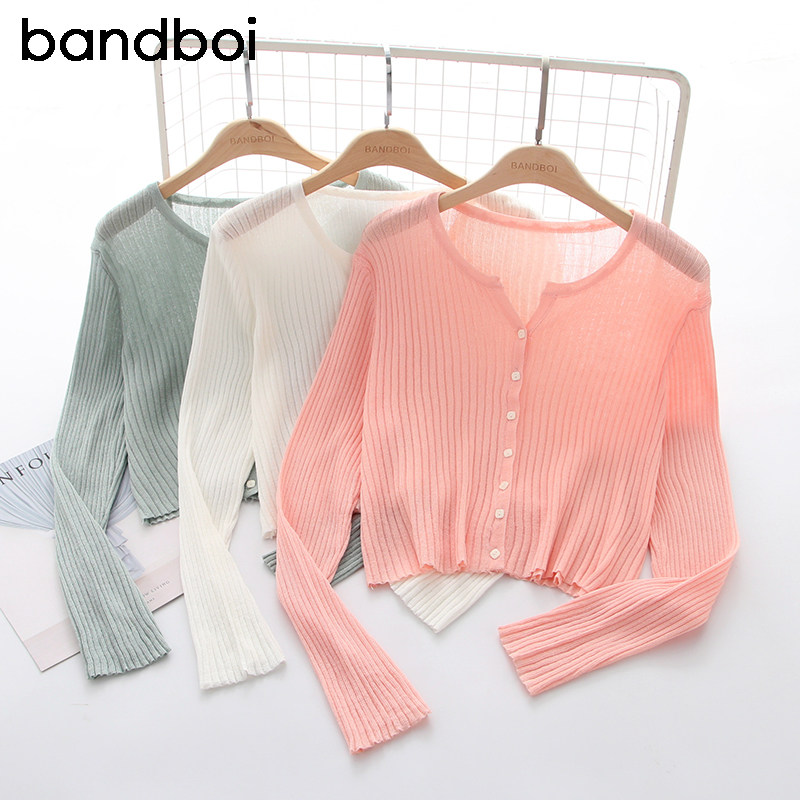 夏季长袖短款外搭冰丝针织衫开衫 邦德宝依毛针织衫