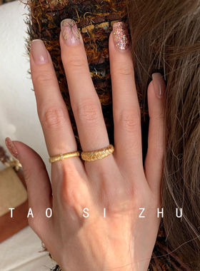 如蝶在野 中古vintage拉丝编织麦穗元宝扣轻奢高级感小众开口戒