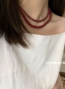 如蝶在野 复古红色串珠项链ins博主叠戴复古新中式锁骨链