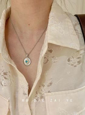 如蝶在野 中古拉丝绿松显白雏菊项链复古精致轻奢高级感锁骨链