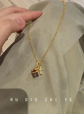 如蝶在野 vintage中古跑环十字架骰子项链轻奢高级感百搭毛衣链