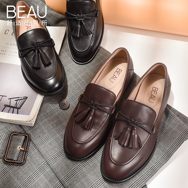 beau旗舰店BEAU秋季新款乐福鞋厚底小皮鞋女英伦风软皮流苏通勤真皮单鞋2