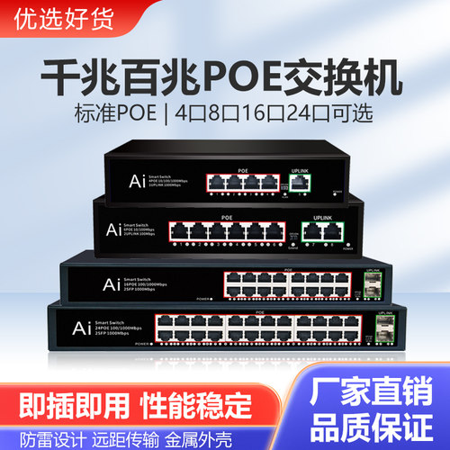 千兆百兆POE交换机4口8口16口24口国标准48V供电器网络监控摄像头无线AP电源全千兆大功率250米传输防雷1006B - 图0