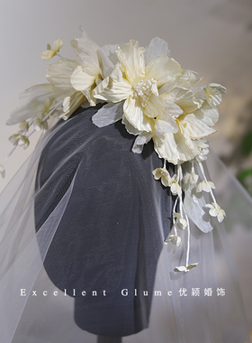 法式仙美淡米色花朵头饰
