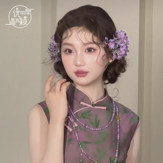 新中式紫色仿真花发夹森系甜美古风汉服百搭新娘边夹头饰晨袍配饰