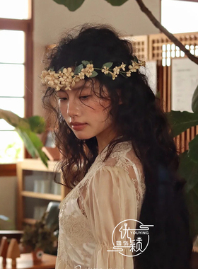 新款森系新娘杏色婚纱花朵花环发箍头饰复古油画风跟妆拍照配饰女