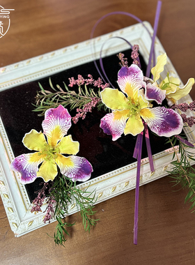 优颖新款渐变黄撞蓝紫色鸢尾花发发夹竹编头饰新娘发饰仙气头花