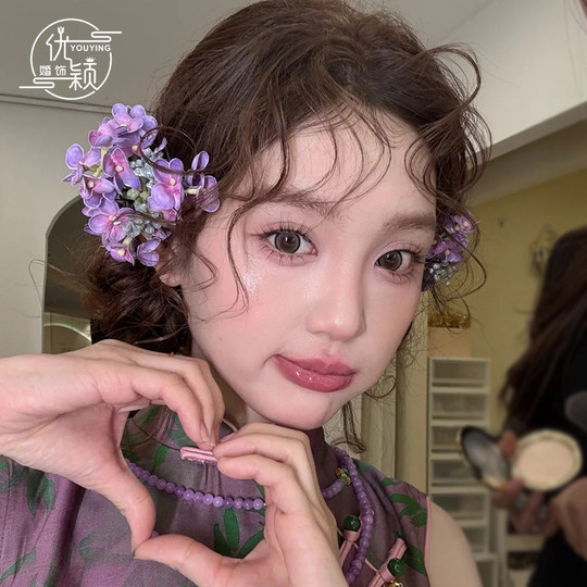 新中式紫色仿真花发夹森系甜美古风汉服百搭新娘边夹头饰晨袍配饰