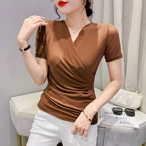 欧货网纱V领T恤女短袖设计感交叉上衣洋气修身显瘦半袖性感小衫夏 - 图2