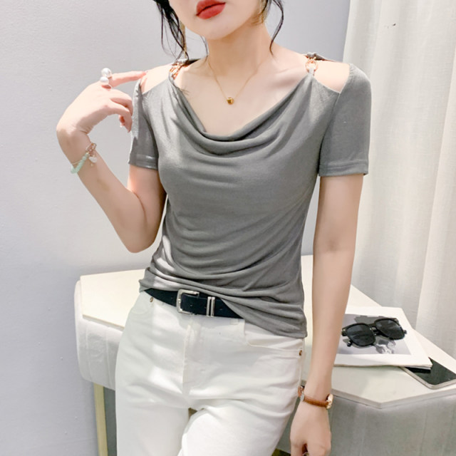 Summer design swaddle collar off-shoulder short-sleeved t-shirt for women