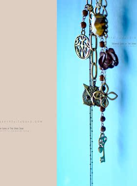 No.235 Fossi 多元素复古风 古铜镀金木雕虎睛石猫头鹰长流苏项链