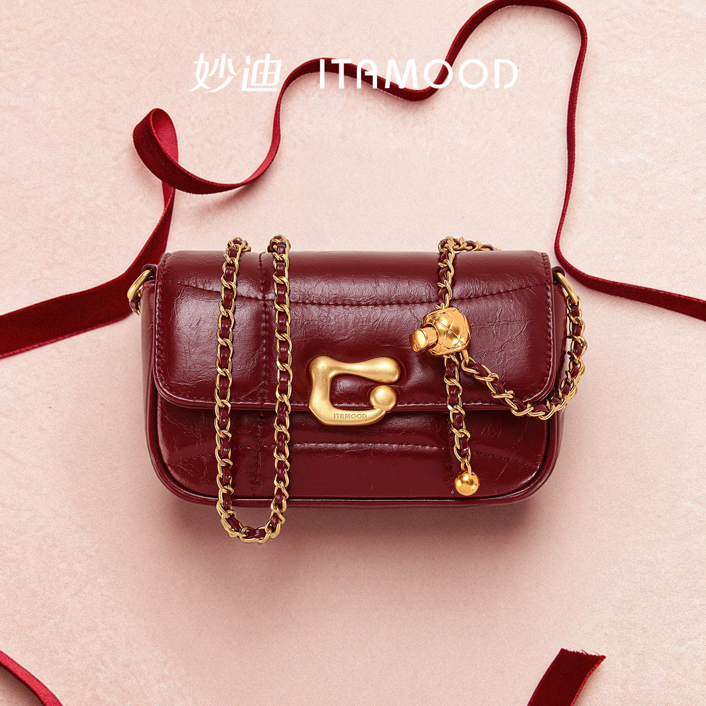 妙迪红色包包链条斜挎包轻奢小众高级感精致通勤牛皮单肩腋下包女