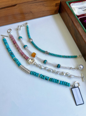 泰国清迈手工925纯银天然绿松石手链轻奢小众手饰女OT扣