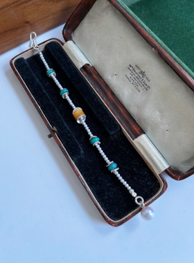 清迈925纯银天然绿松石蜜蜡红纹石珍珠手链女小众国风古典叠戴款