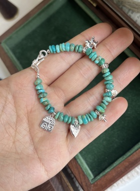 童趣925纯银天然绿松石手链蘑菇小狗苹果小众动物世界风质感首饰