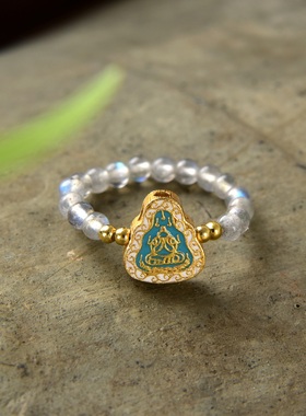 女士小众天然灰月光石娜娜通925银烧蓝工艺戒指招财人缘戒圈弹力