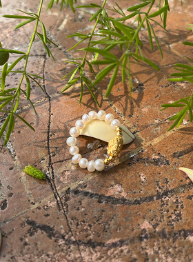 原创天然珍珠戒圈大黑天招财戒指925银纯银弹力绳珠光宝气女夏