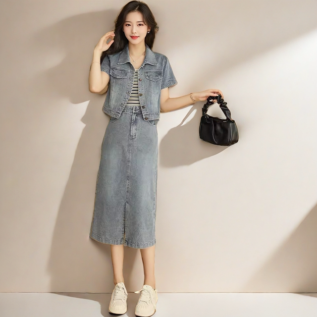 ຊຸດ denim ແຂນສັ້ນຂອງແມ່ຍິງລະດູຮ້ອນຊຸດກະທັດຮັດແລະ stylish ສອງສິ້ນ