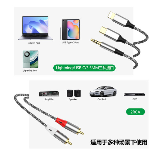 三合一转2RCA莲花头音频线适用苹果TypeC华为手机连接音响箱功放 - 图1