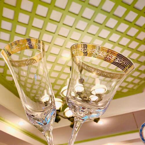 忠俊 欧式复古轻奢镂空金边纯手工红酒香槟高脚玻璃杯 - 图1