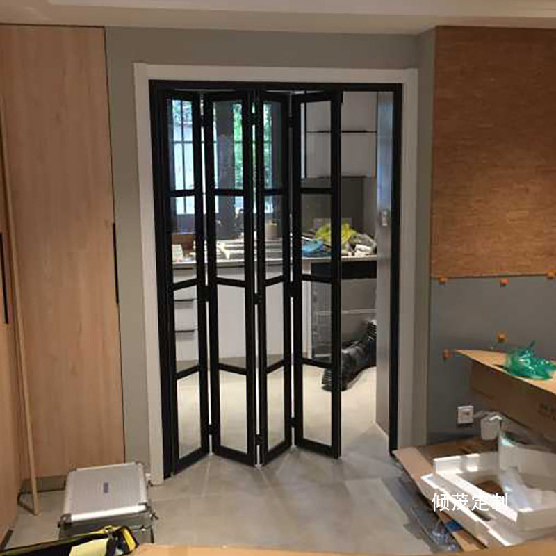 上海卫生间厕所折叠门厨房阳台钢化玻璃无下轨推拉门防水金属包套 - 图2