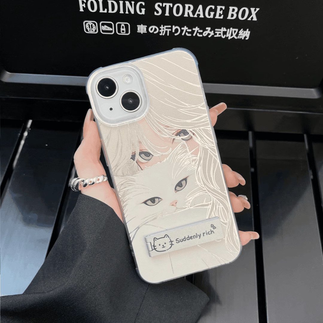 女孩和白猫苹果手机壳16promax小米15情侣iphone14华为mate60pro新款pura70荣耀vivo红米k50no一加opporeno12