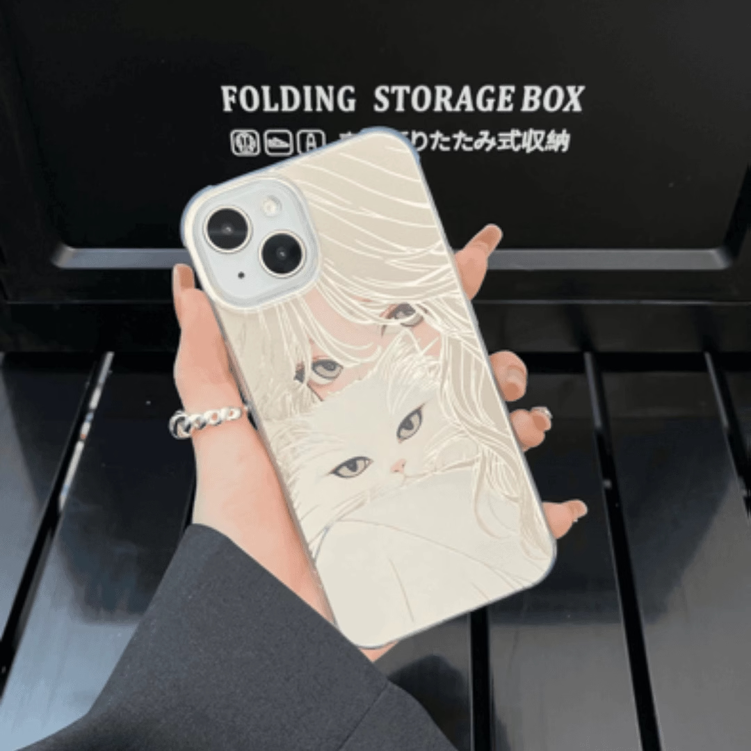 女孩和白猫苹果手机壳16promax小米15情侣iphone14华为mate60pro新款pura70荣耀vivo红米k50no一加opporeno12
