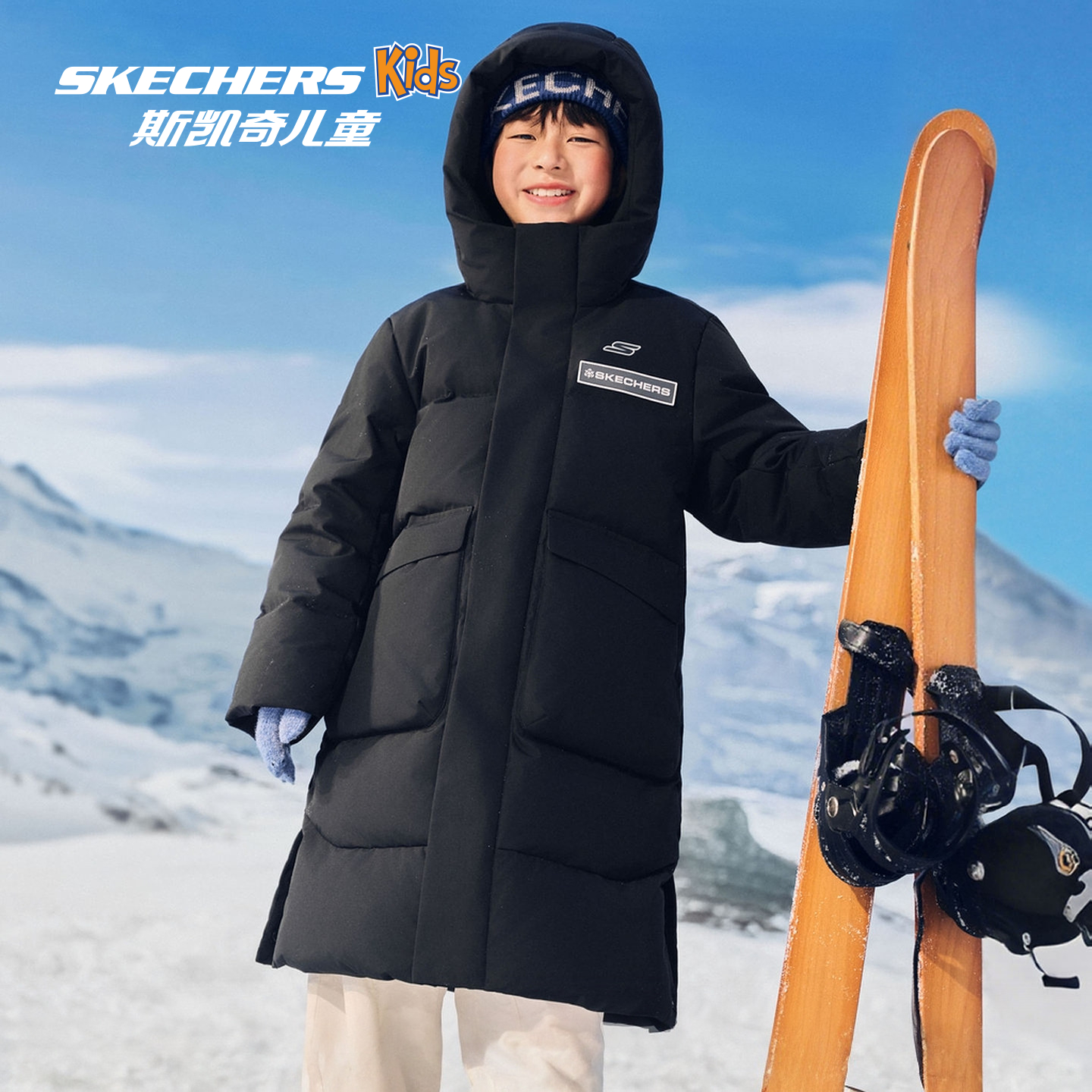 Skechers斯凯奇儿童长款羽绒服冬季男女童三防保暖运动羽绒外套 - 图1