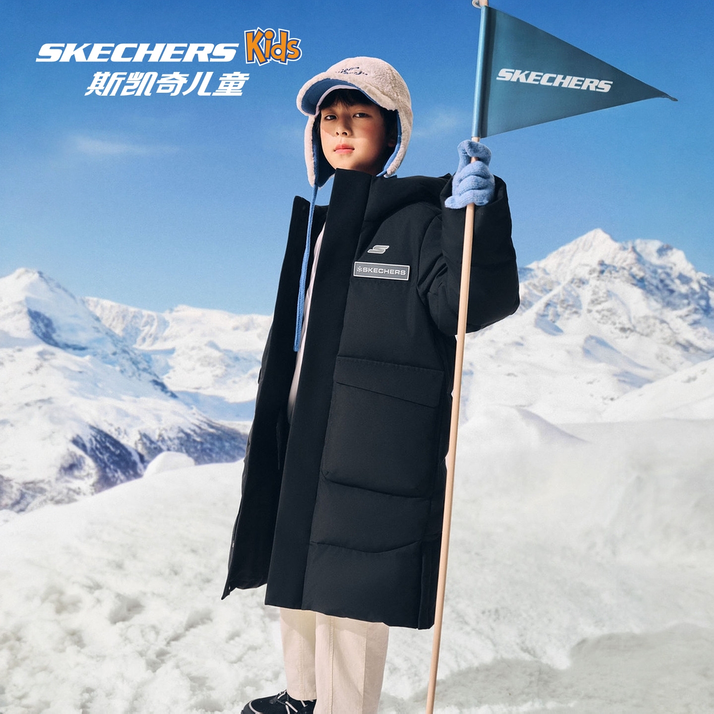 Skechers斯凯奇儿童长款羽绒服冬季男女童三防保暖运动羽绒外套 - 图0
