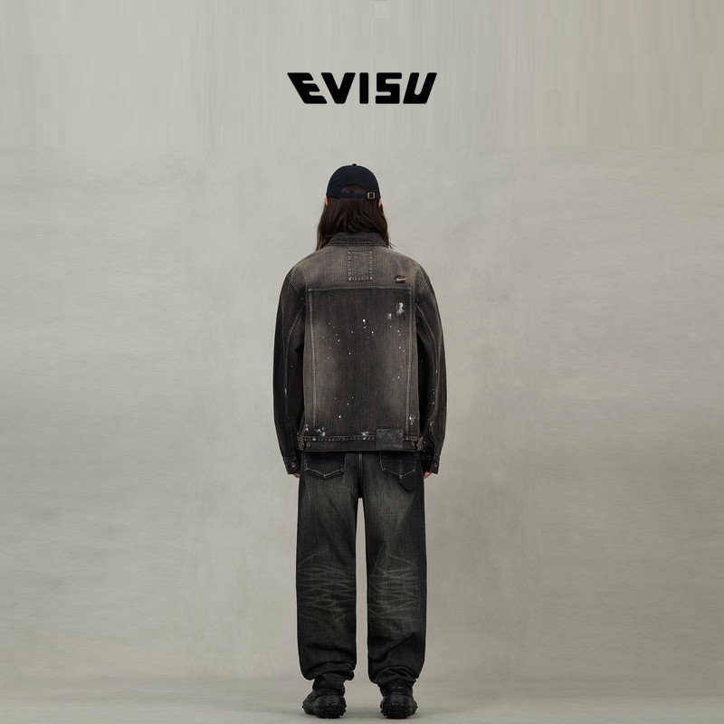 EVISU福神 2025秋男士潮流皮革海鸥贴布纯棉翻领牛仔夹克外套,淘宝优惠券,粉丝福利购,淘宝优惠卷