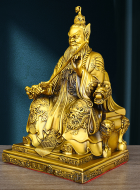 黄铜持剑张天师神像座椅摆件家用中式桌面开业龙虎山张道陵骑虎