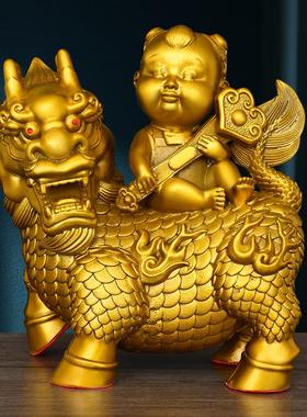 黄铜麒麟送子摆件一对求子得子送子麒麟男女祈福风水吉祥摆件
