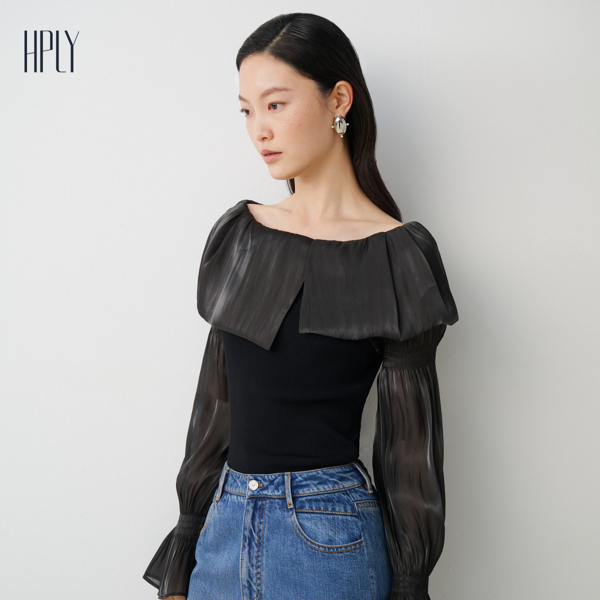 【商场同款】HPLY荷比俪秋季新款女一字肩针梭相拼修身毛衫,淘宝优惠券,粉丝福利购,淘宝优惠卷