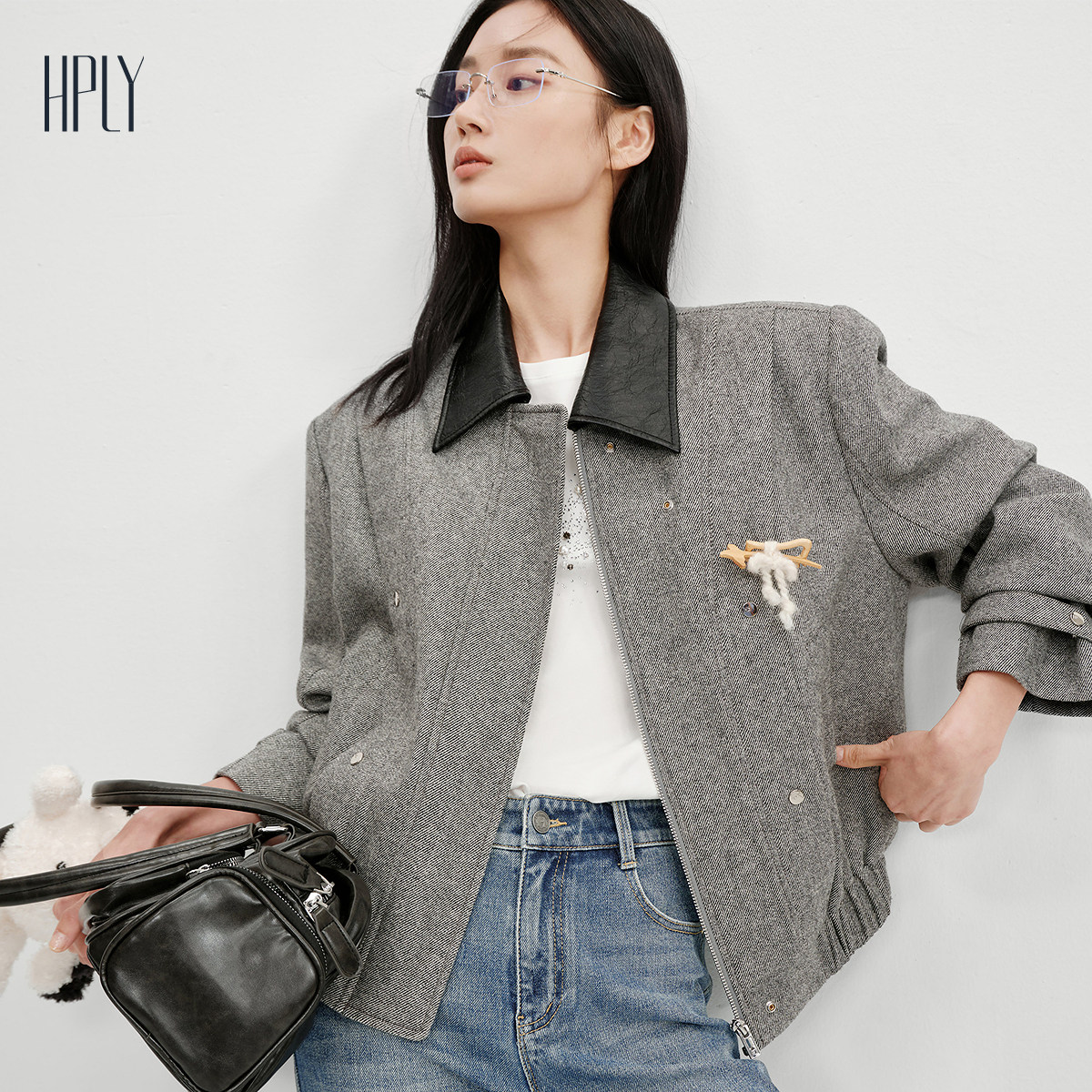 【商场同款】HPLY荷比俪2025冬新款羊毛皮革翻领夹花灰短外套,淘宝优惠券,粉丝福利购,淘宝优惠卷