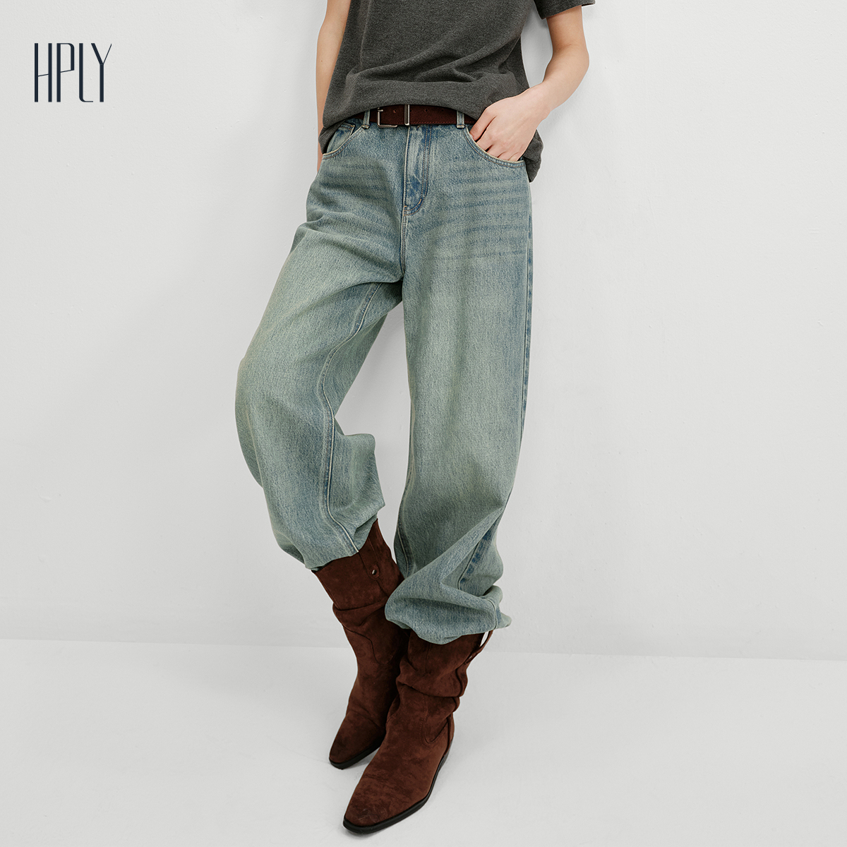 【商场同款】HPLY荷比俪2025冬新款女复古中高腰宽松长款牛仔裤 - 图2
