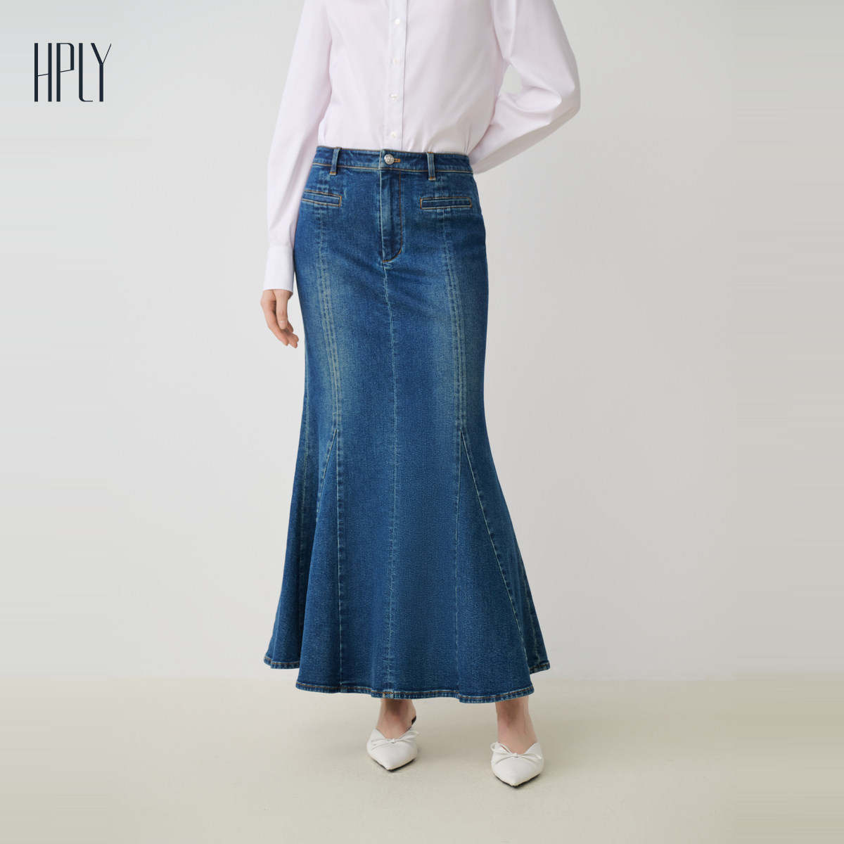 【商场同款】HPLY荷比俪秋季新款女修身分割牛仔鱼尾长款半裙,淘宝优惠券,粉丝福利购,淘宝优惠卷