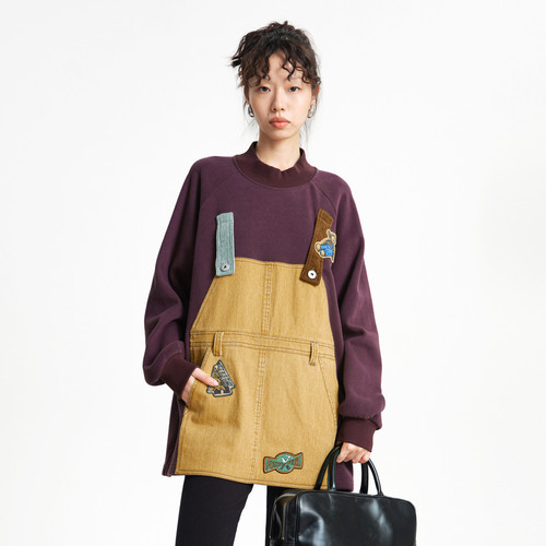 MOVEUP幻走2025冬季新款.FUN系列撞色背带绣花加绒中长款卫衣女 - 图0