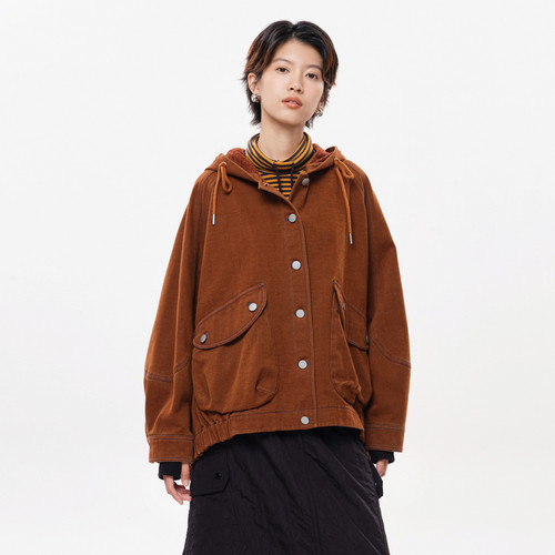 MOVEUP幻走2025冬季新款.FUN系列连帽口袋脚口收丈根牛仔外套女 - 图0