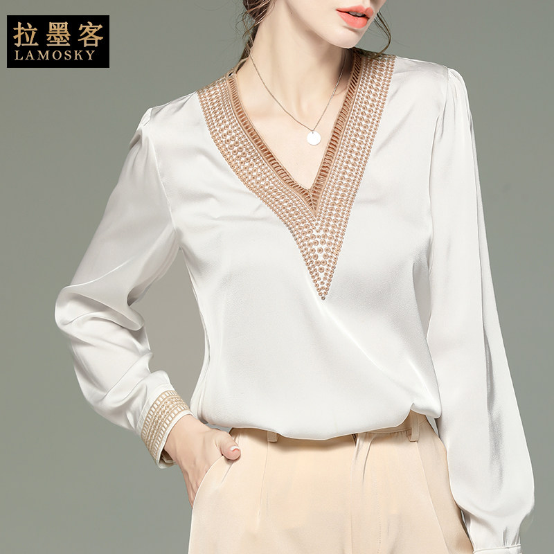 黑色缎面长袖秋季雪纺法式v领衬衫 拉墨客衬衫