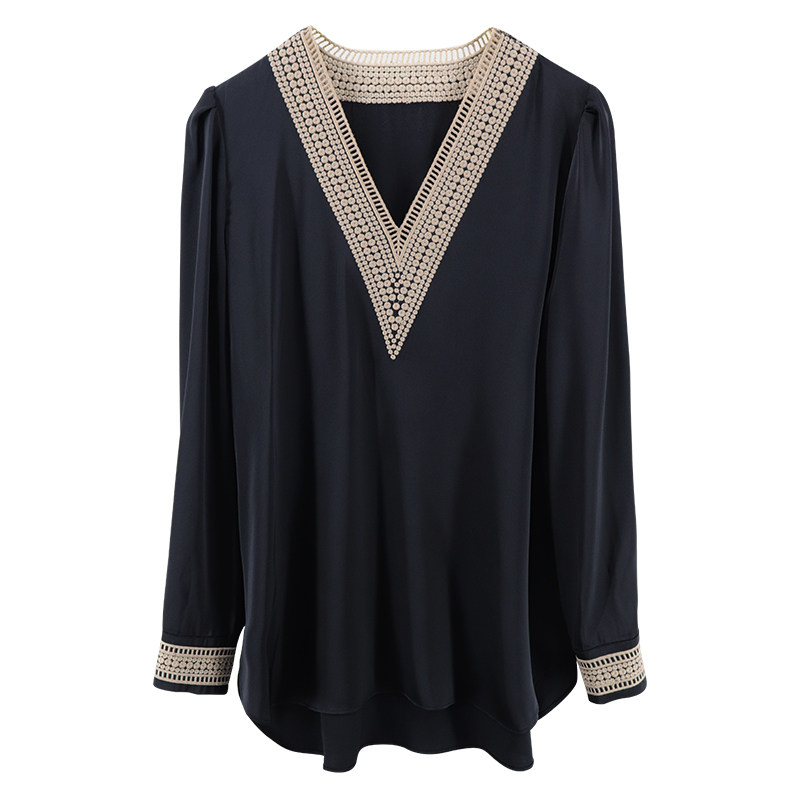 黑色缎面长袖秋季雪纺法式v领衬衫 拉墨客衬衫